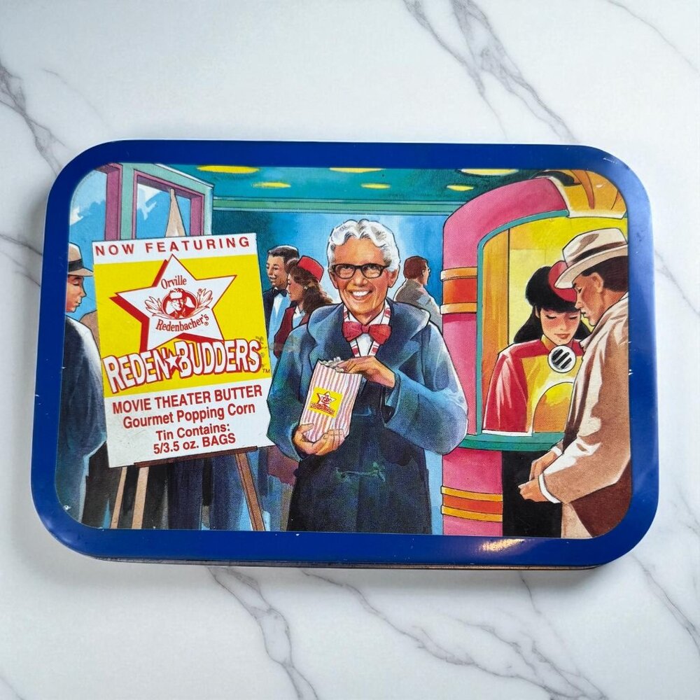 Vintage Reden Budders Litho Metal Tin Can 1994 Movie Theater Redenbacher